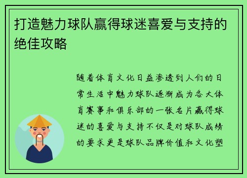 打造魅力球队赢得球迷喜爱与支持的绝佳攻略